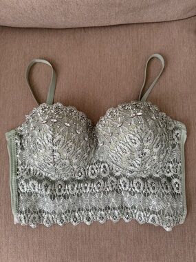 Embellished Lace Longline Bralette in Sage